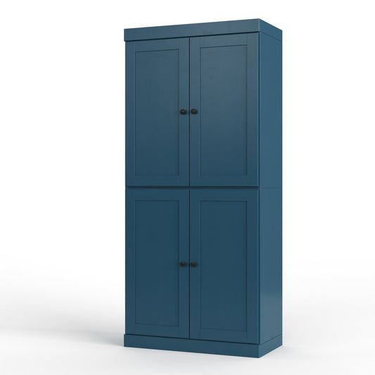 72" Teal Blue Solid Wood Four Door Two Drawer Pantry Or Storage Closet