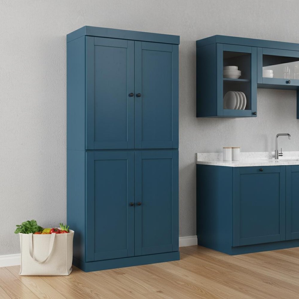 72" Teal Blue Solid Wood Four Door Two Drawer Pantry Or Storage Closet