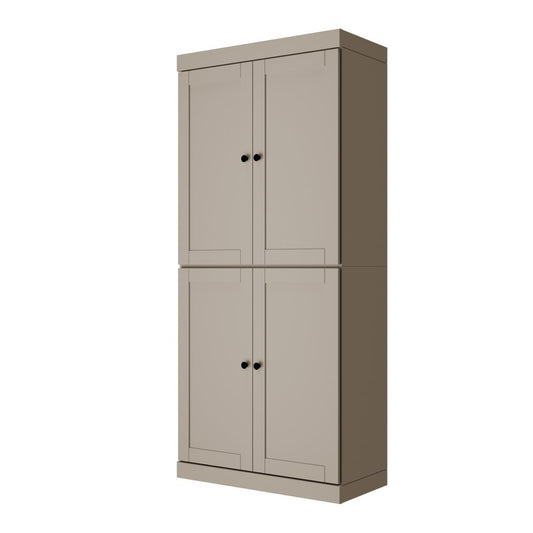 72" Beige Solid Wood Four Door Two Drawer Pantry Or Storage Closet
