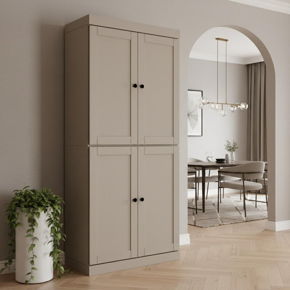 72" Beige Solid Wood Four Door Two Drawer Pantry Or Storage Closet