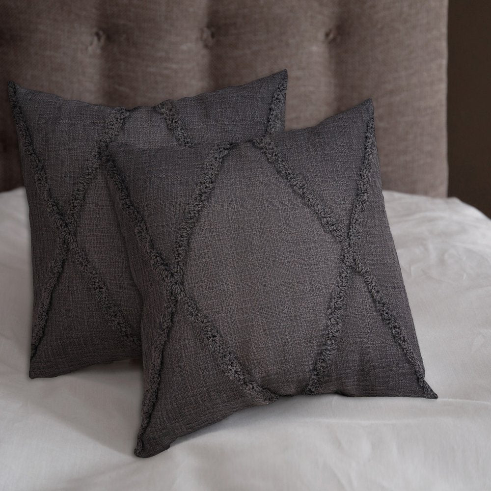 Set of Two Dark Gray And Gray Diamond Cotton Throw Pillows with Texture