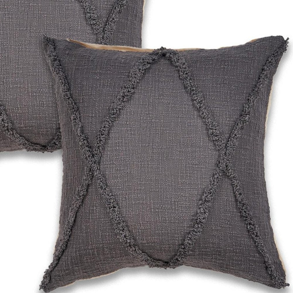 Set of Two Dark Gray And Gray Diamond Cotton Throw Pillows with Texture