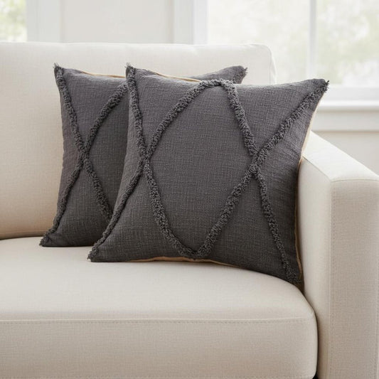 Set of Two Dark Gray And Gray Diamond Cotton Throw Pillows with Texture