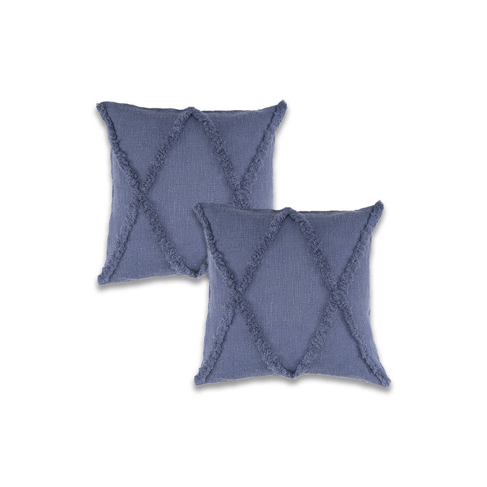 Set of Two Denim Blue And Blue Diamond Cotton Throw Pillows with Texture
