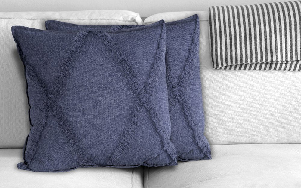 Set of Two Denim Blue And Blue Diamond Cotton Throw Pillows with Texture