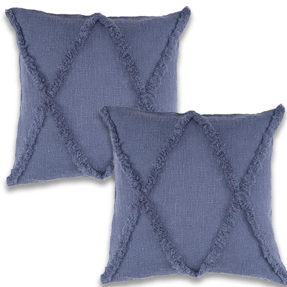 Set of Two Denim Blue And Blue Diamond Cotton Throw Pillows with Texture
