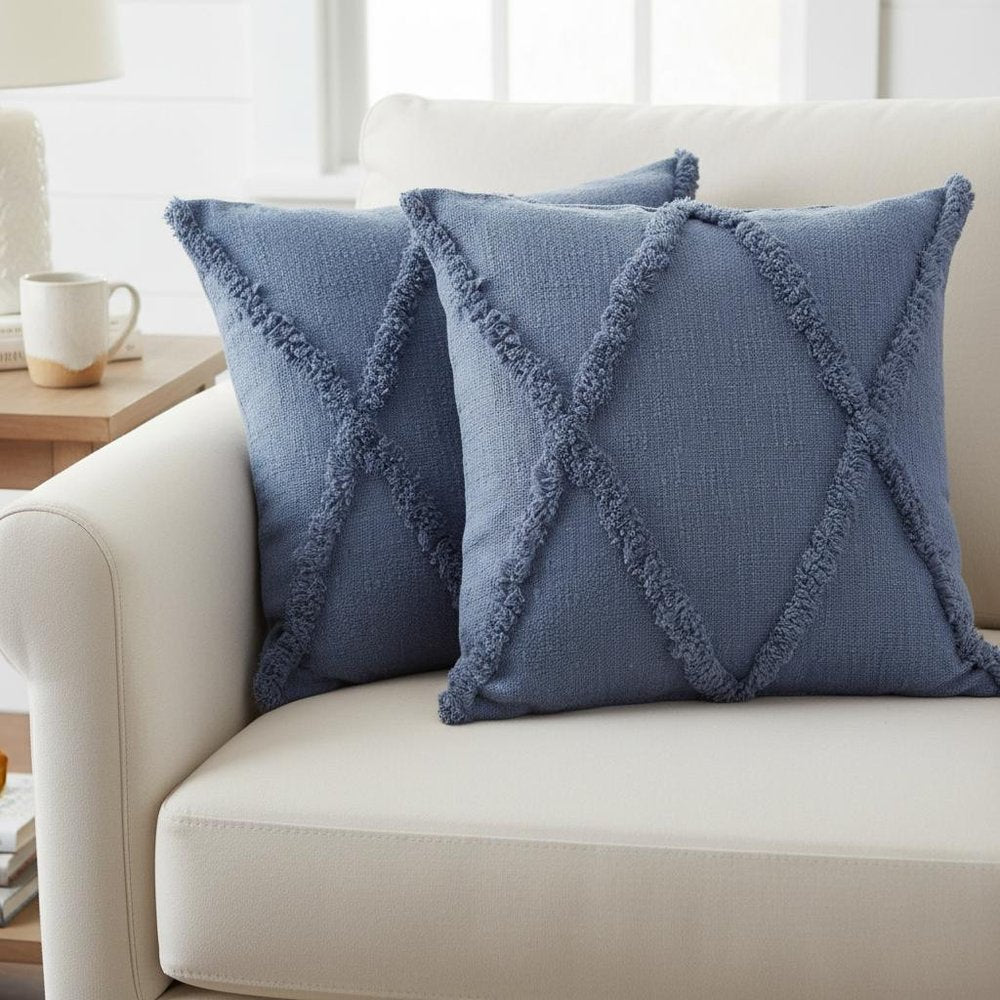 Set of Two Denim Blue And Blue Diamond Cotton Throw Pillows with Texture