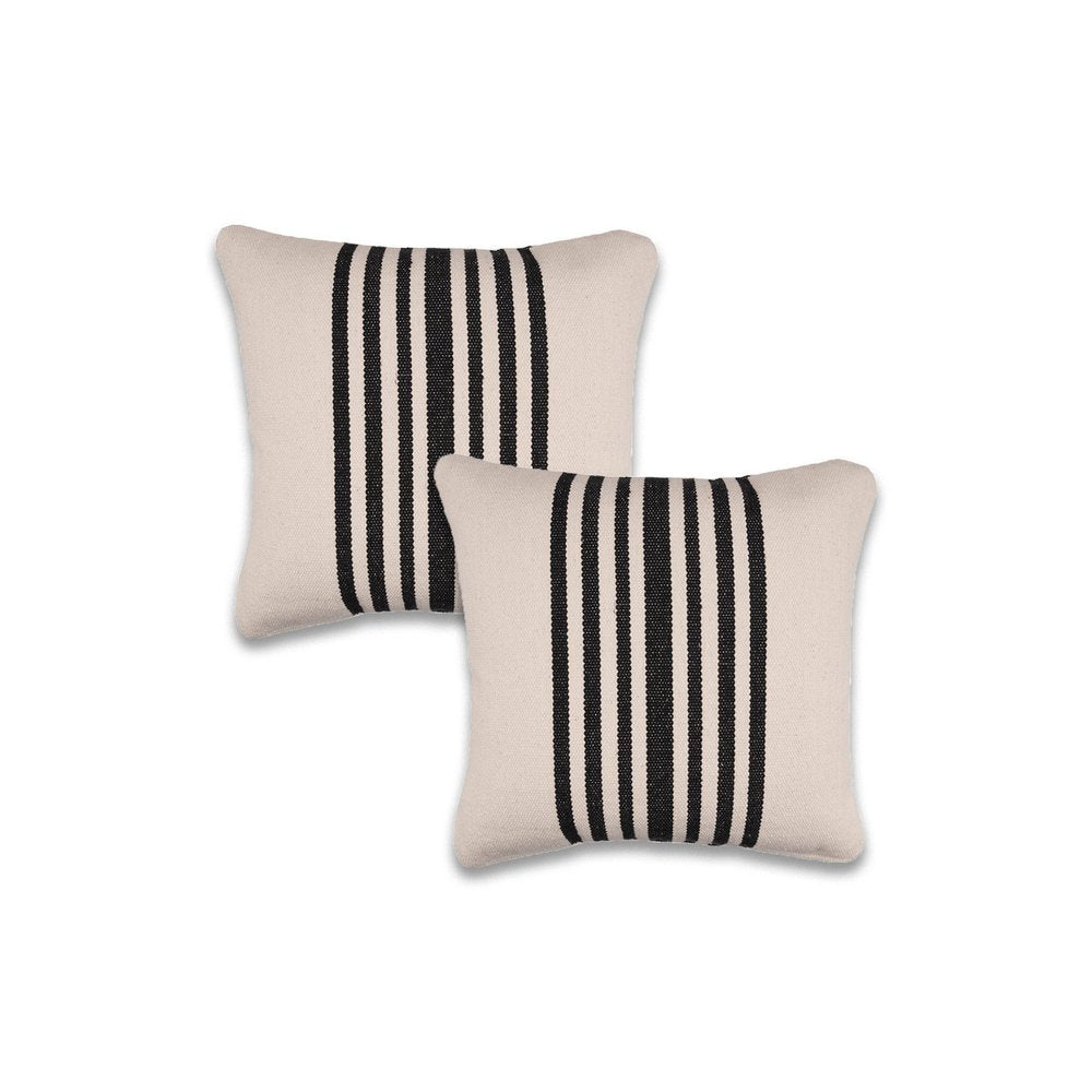 Set of Two White And Black Striped Cotton Throw Pillows with Texture
