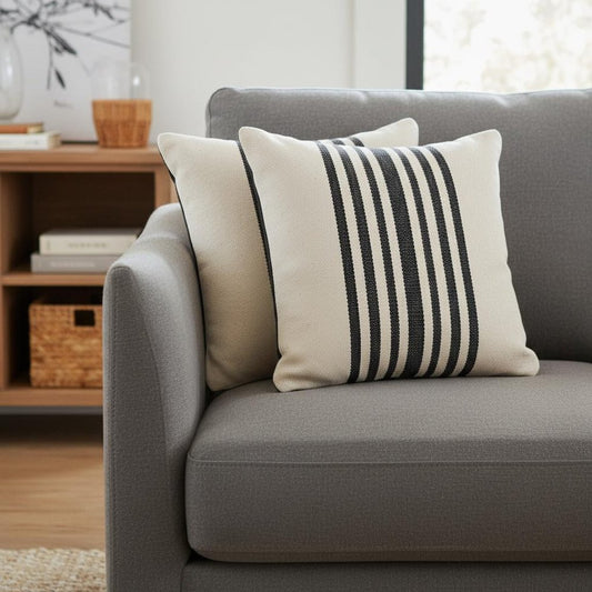 Set of Two White And Black Striped Cotton Throw Pillows with Texture