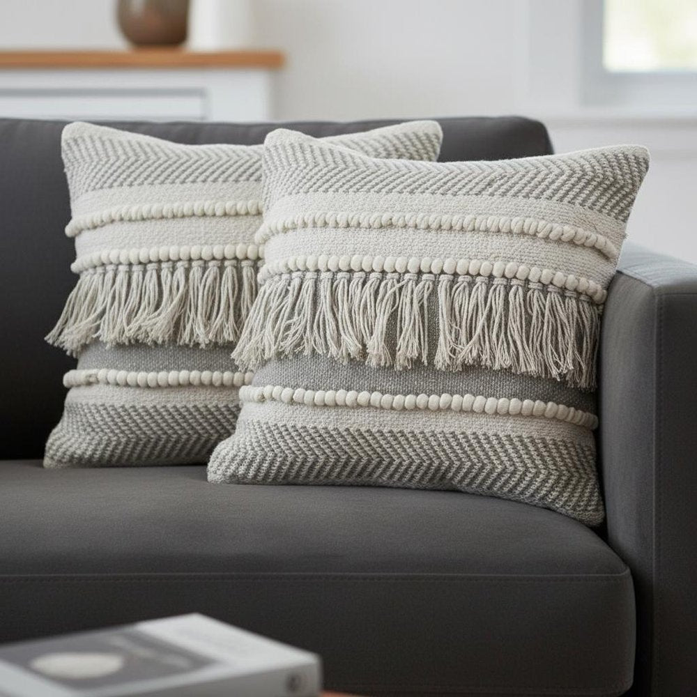 Set of Two Ivory And Gray Lumbar Striped Cotton Throw Pillows with Fringe