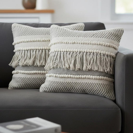 Set of Two Ivory And Gray Lumbar Striped Cotton Throw Pillows with Fringe