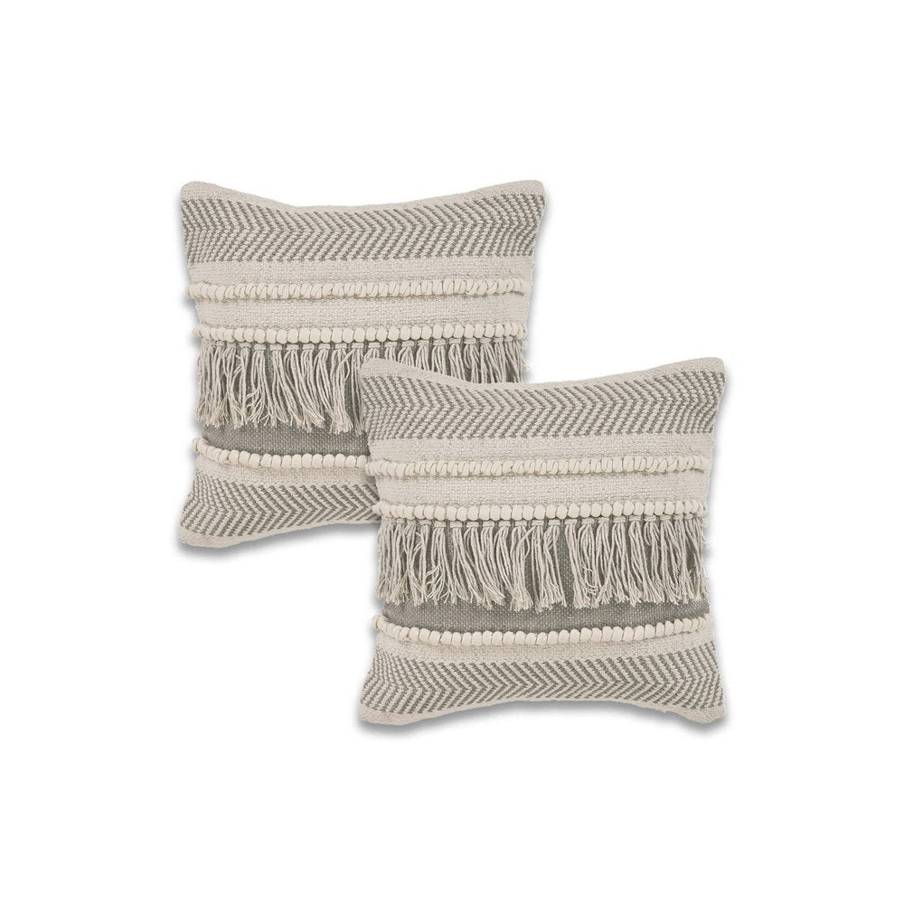 Set of Two Ivory And Gray Lumbar Striped Cotton Throw Pillows with Fringe