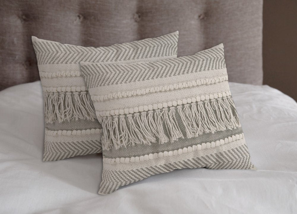 Set of Two Ivory And Gray Lumbar Striped Cotton Throw Pillows with Fringe