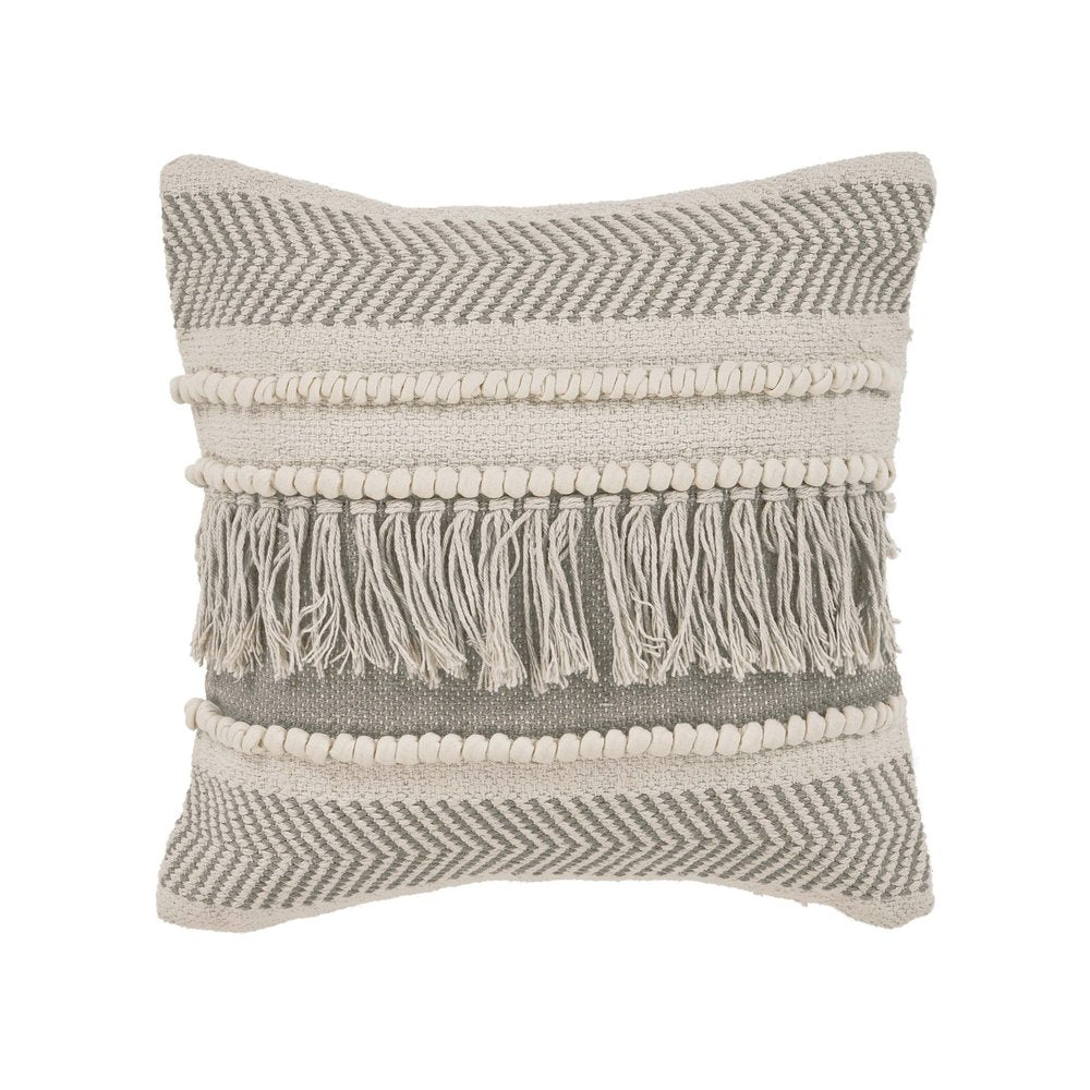 Set of Two Ivory And Gray Lumbar Striped Cotton Throw Pillows with Fringe