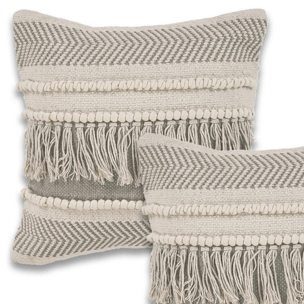 Set of Two Ivory And Gray Lumbar Striped Cotton Throw Pillows with Fringe