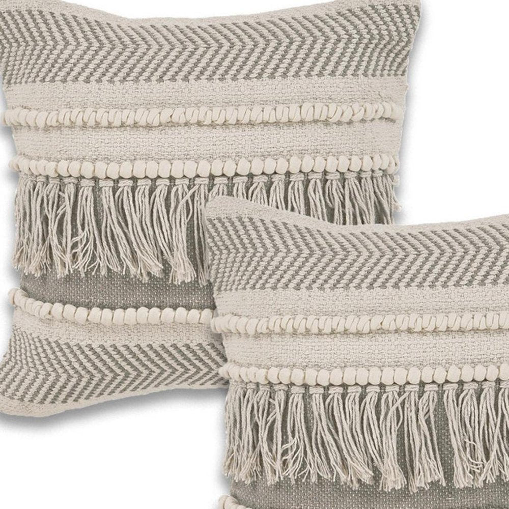Set of Two Ivory And Gray Lumbar Striped Cotton Throw Pillows with Fringe