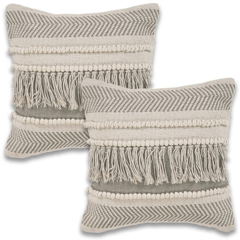 Set of Two Ivory And Gray Lumbar Striped Cotton Throw Pillows with Fringe