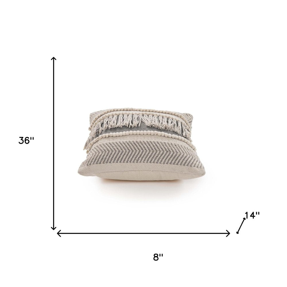 Set of Two Ivory And Gray Lumbar Striped Cotton Throw Pillows with Fringe