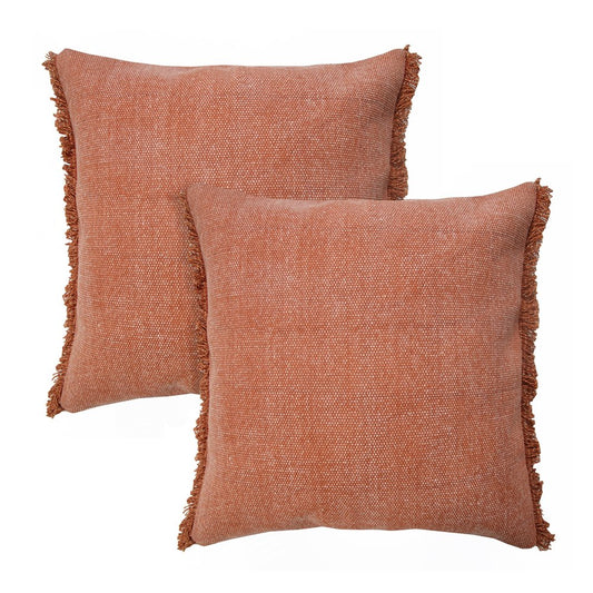 Set of Two Brown And White Cotton Throw Pillows with Fringe