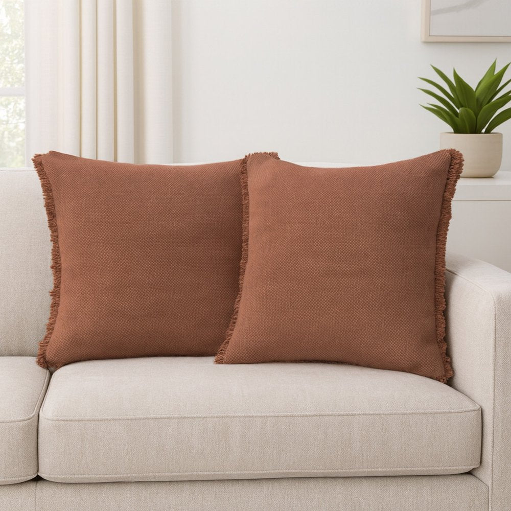 Set of Two Brown And White Cotton Throw Pillows with Fringe