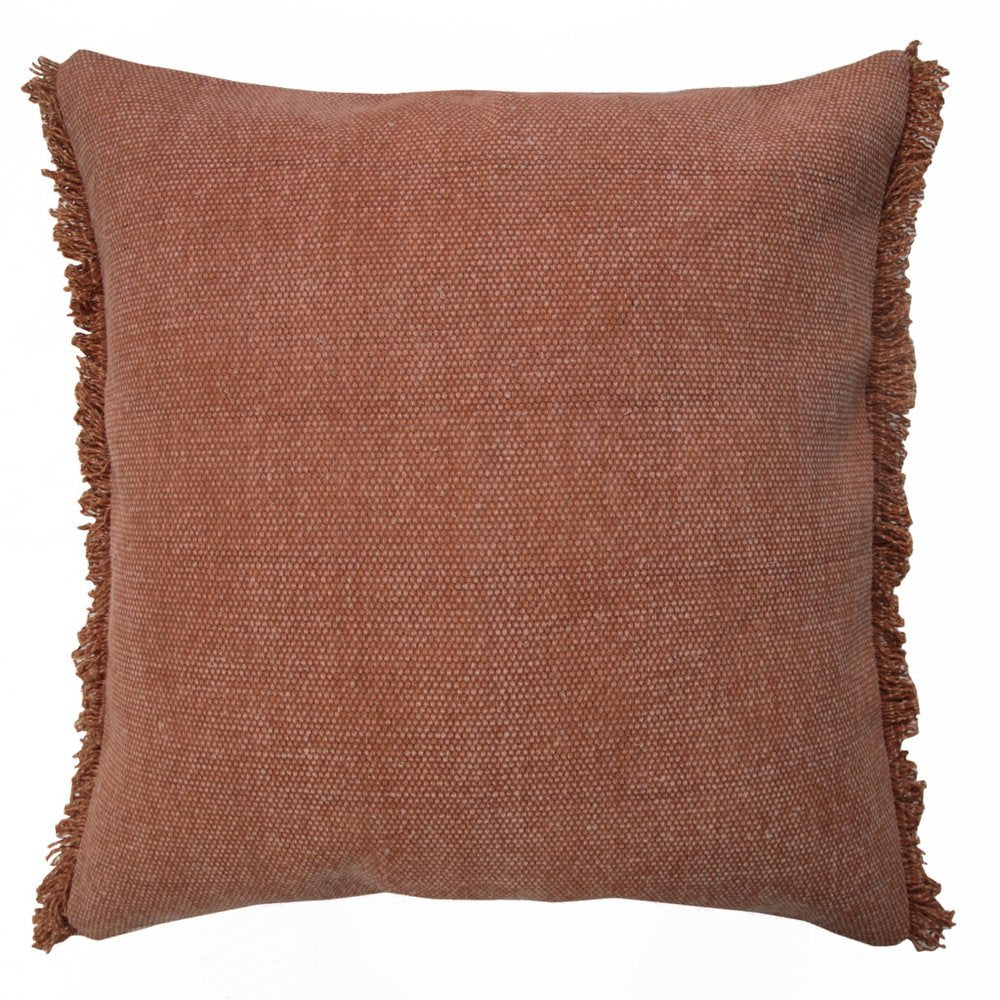 Set of Two Brown And White Cotton Throw Pillows with Fringe