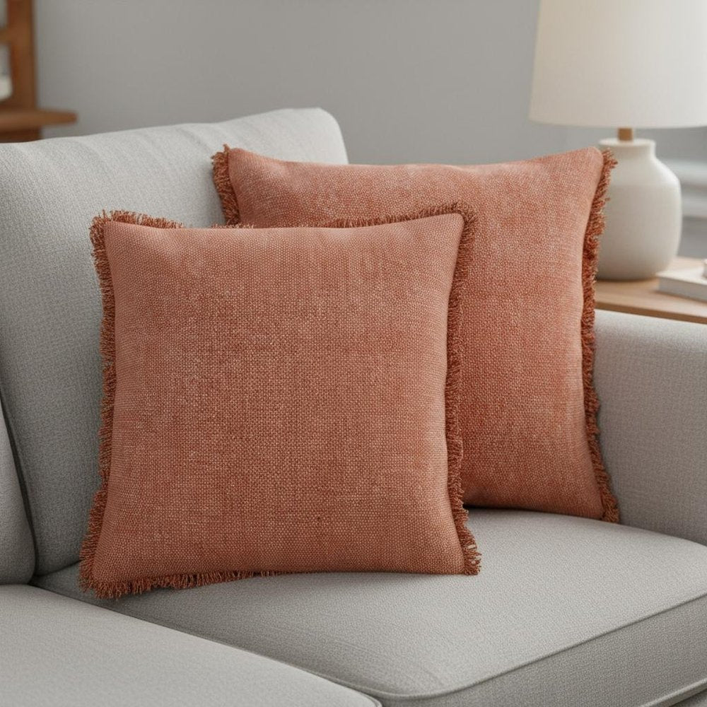 Set of Two Brown And White Cotton Throw Pillows with Fringe