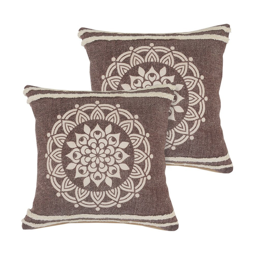 Set of Two Brown And White Medallion Cotton Throw Pillows with Tufts