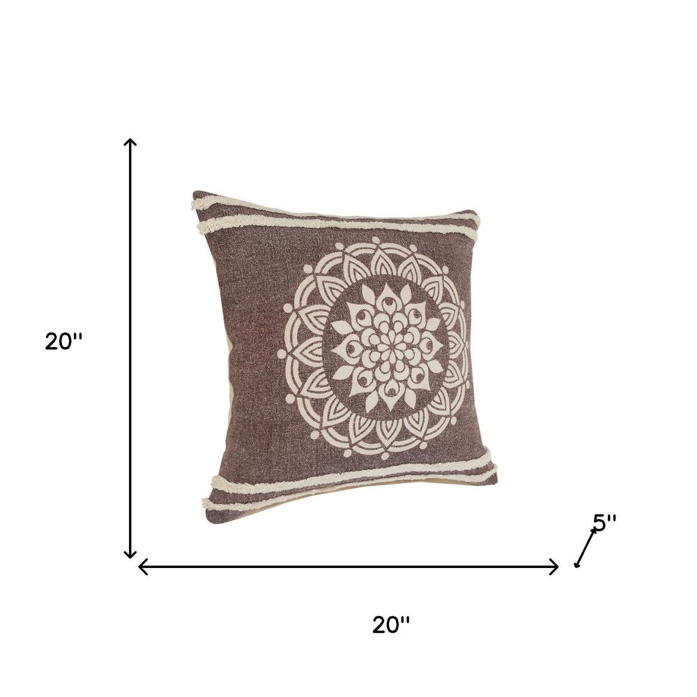Set of Two Brown And White Medallion Cotton Throw Pillows with Tufts