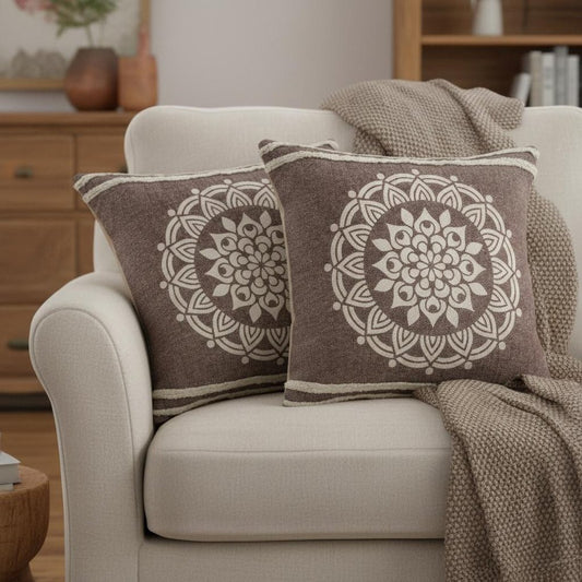 Set of Two Brown And White Medallion Cotton Throw Pillows with Tufts