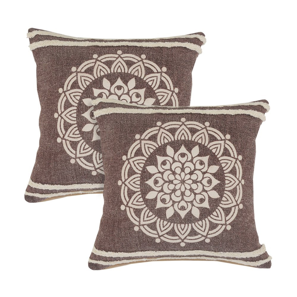 Set of Two Brown And White Medallion Cotton Throw Pillows with Tufts
