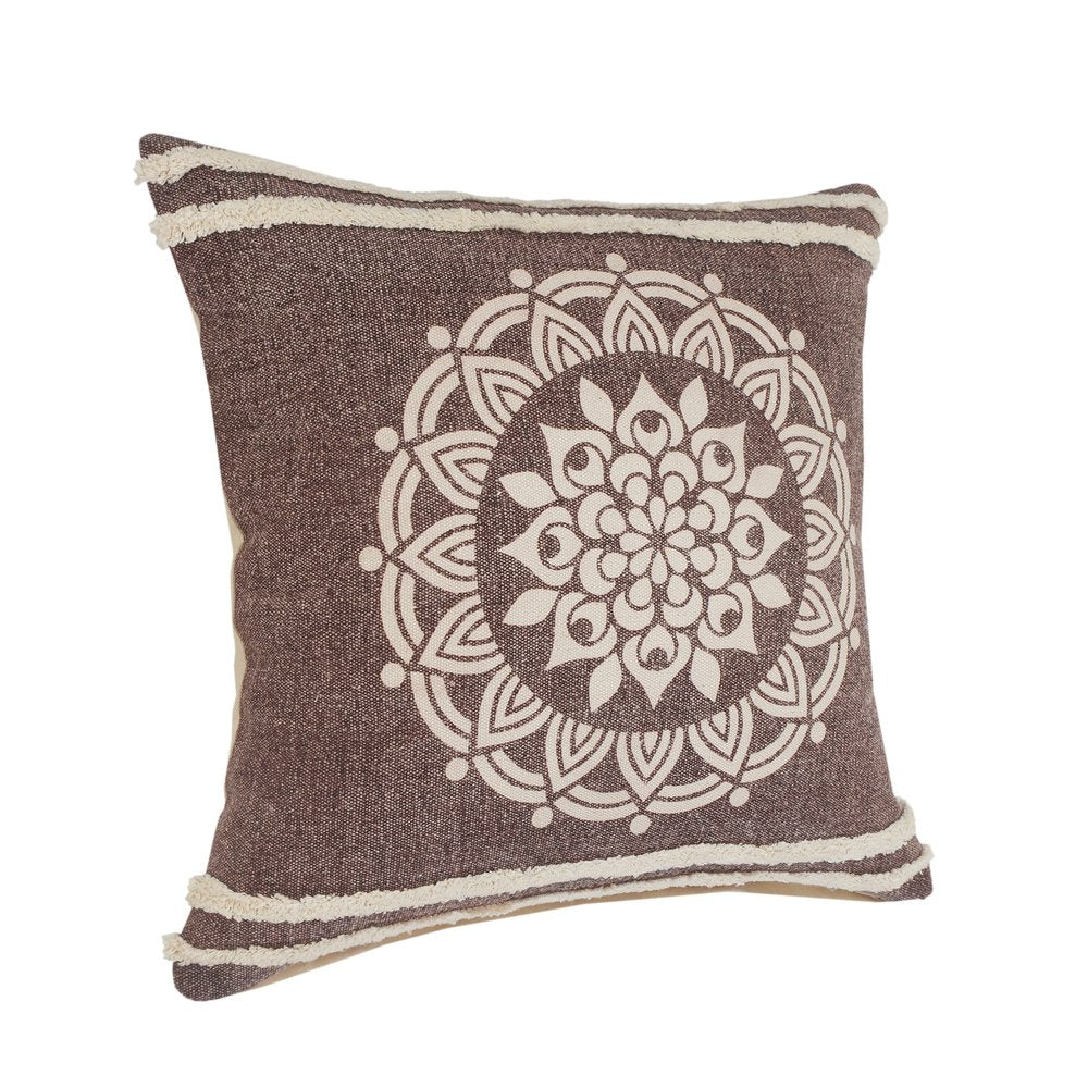 Set of Two Brown And White Medallion Cotton Throw Pillows with Tufts
