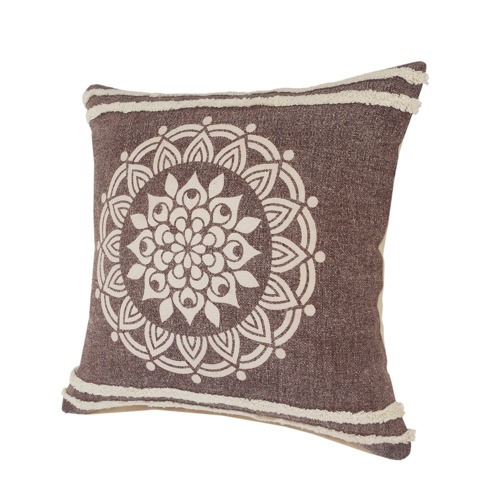 Set of Two Brown And White Medallion Cotton Throw Pillows with Tufts
