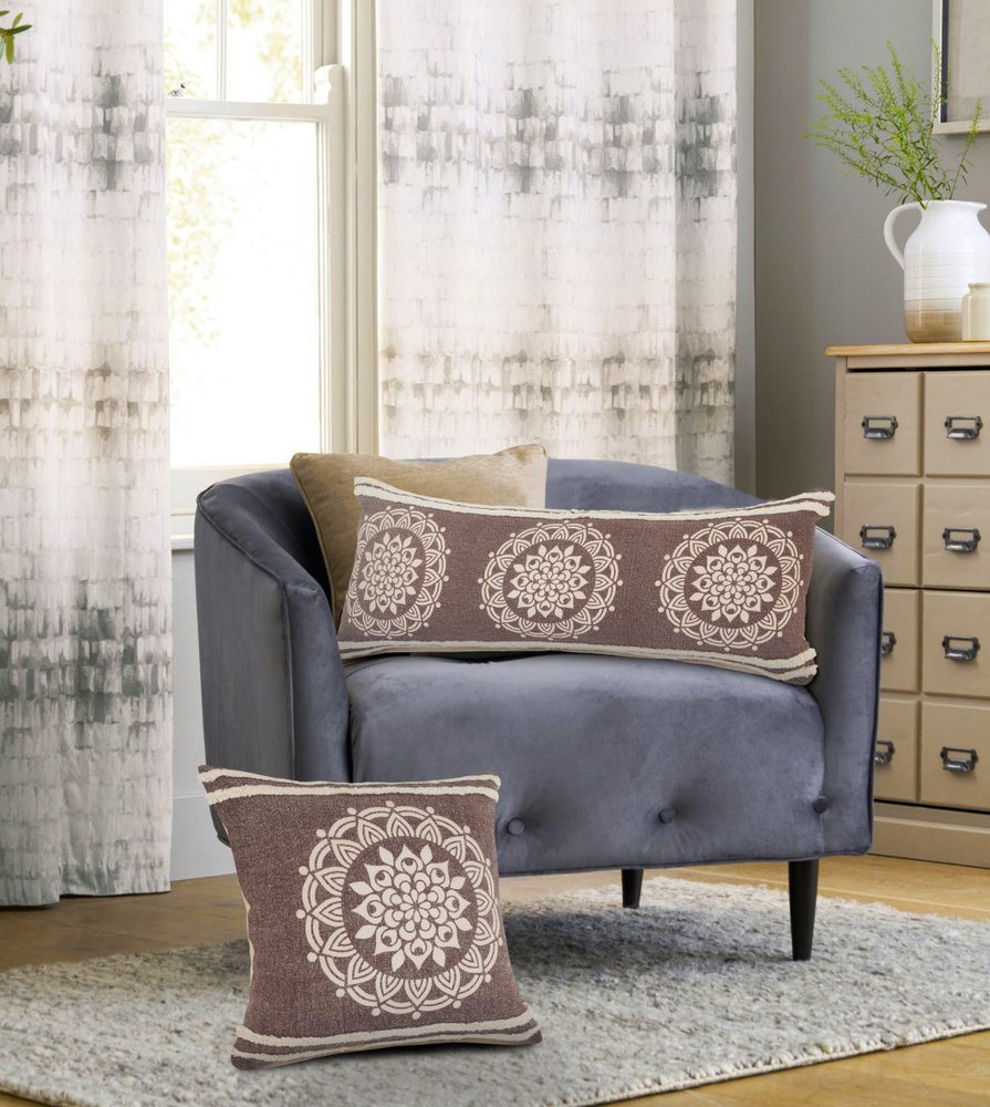 Set of Two Brown And White Medallion Cotton Throw Pillows with Tufts