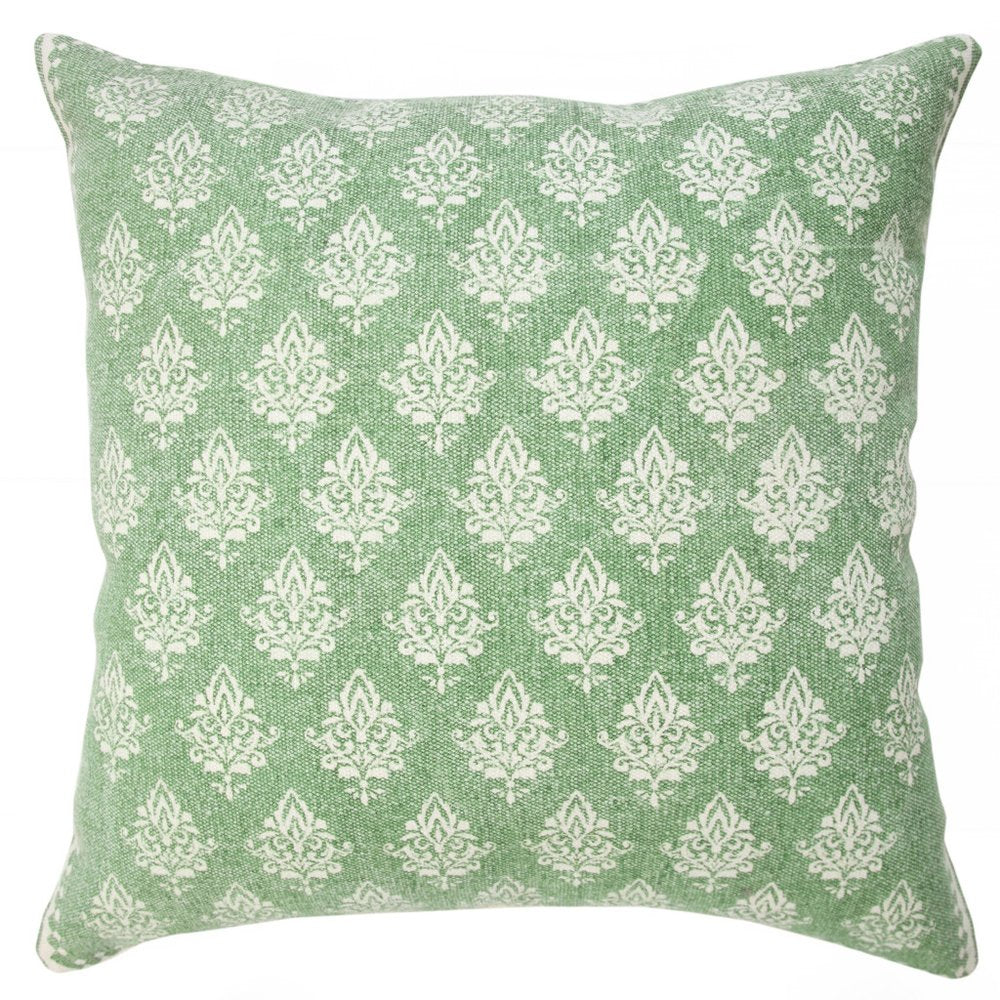 Set of Two Green And White Damask Cotton Throw Pillows with Tassels