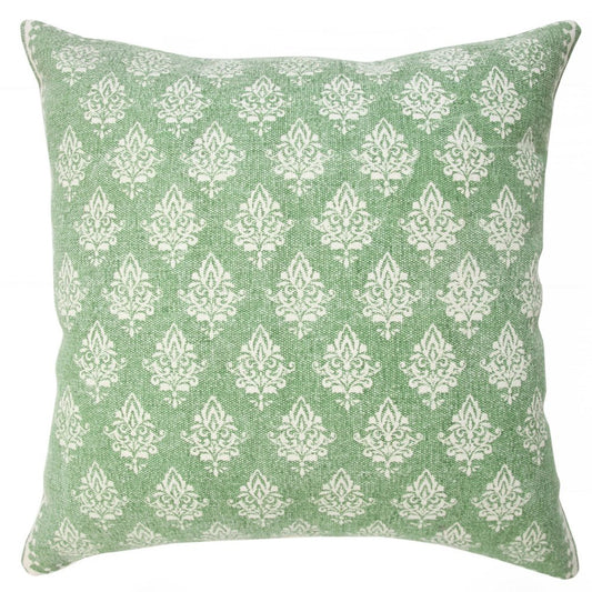 Set of Two Green And White Damask Cotton Throw Pillows with Tassels