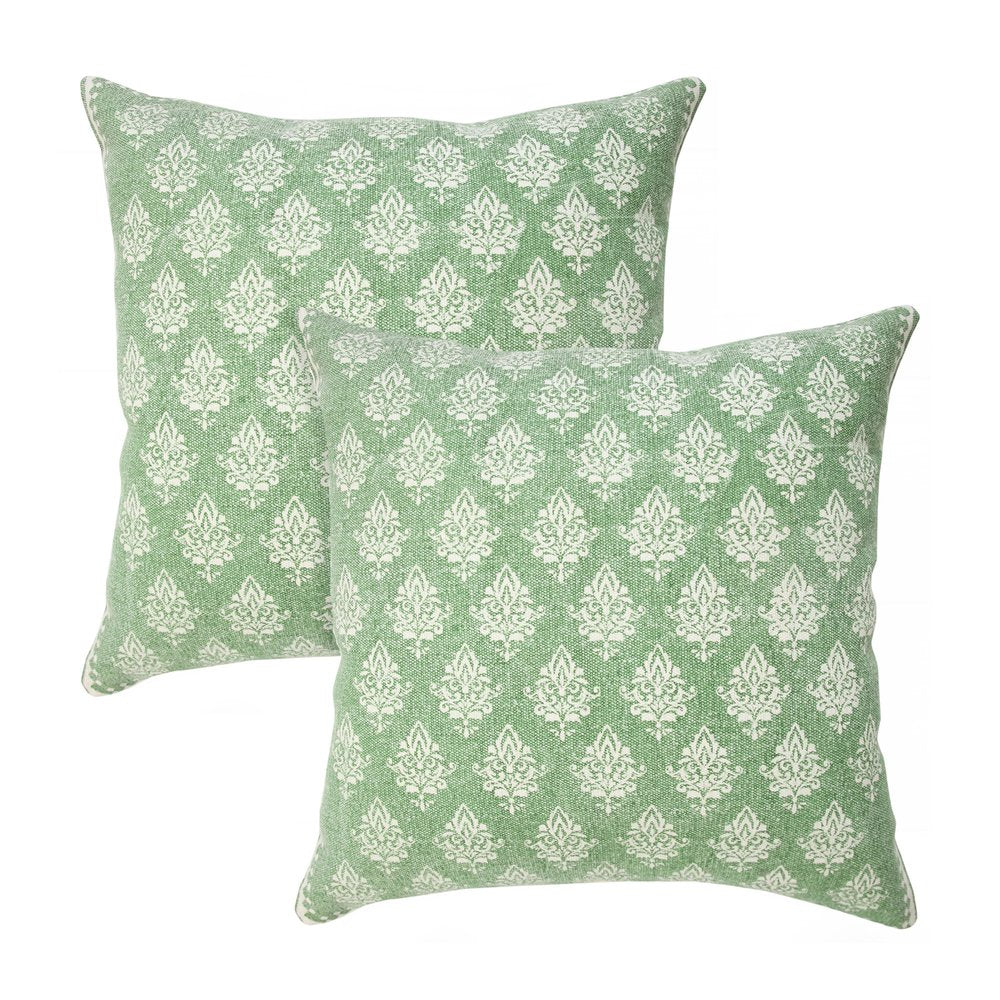 Set of Two Green And White Damask Cotton Throw Pillows with Tassels