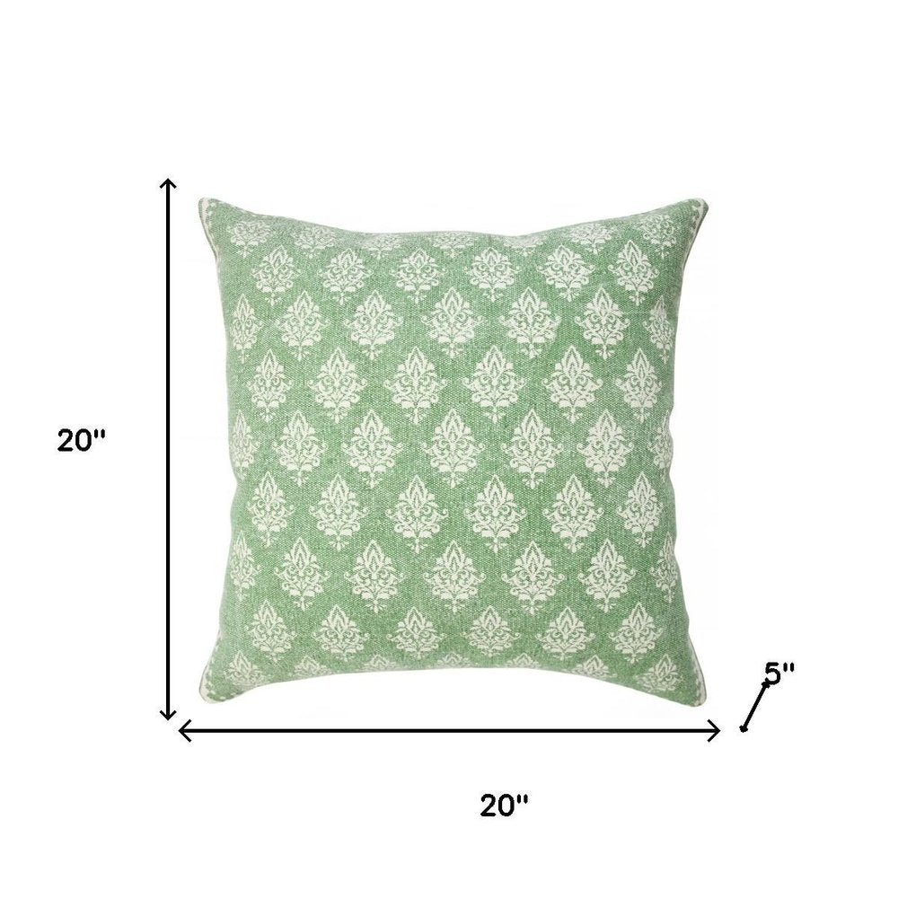 Set of Two Green And White Damask Cotton Throw Pillows with Tassels