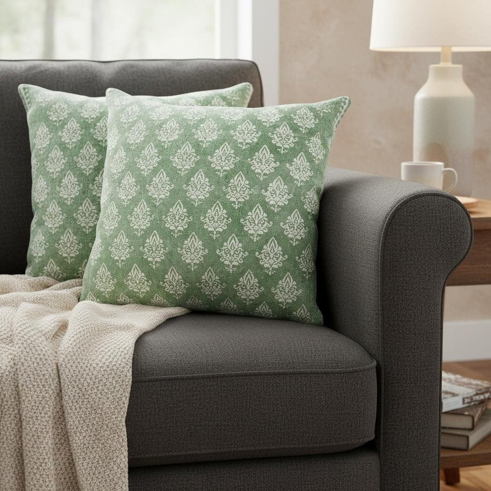 Set of Two Green And White Damask Cotton Throw Pillows with Tassels