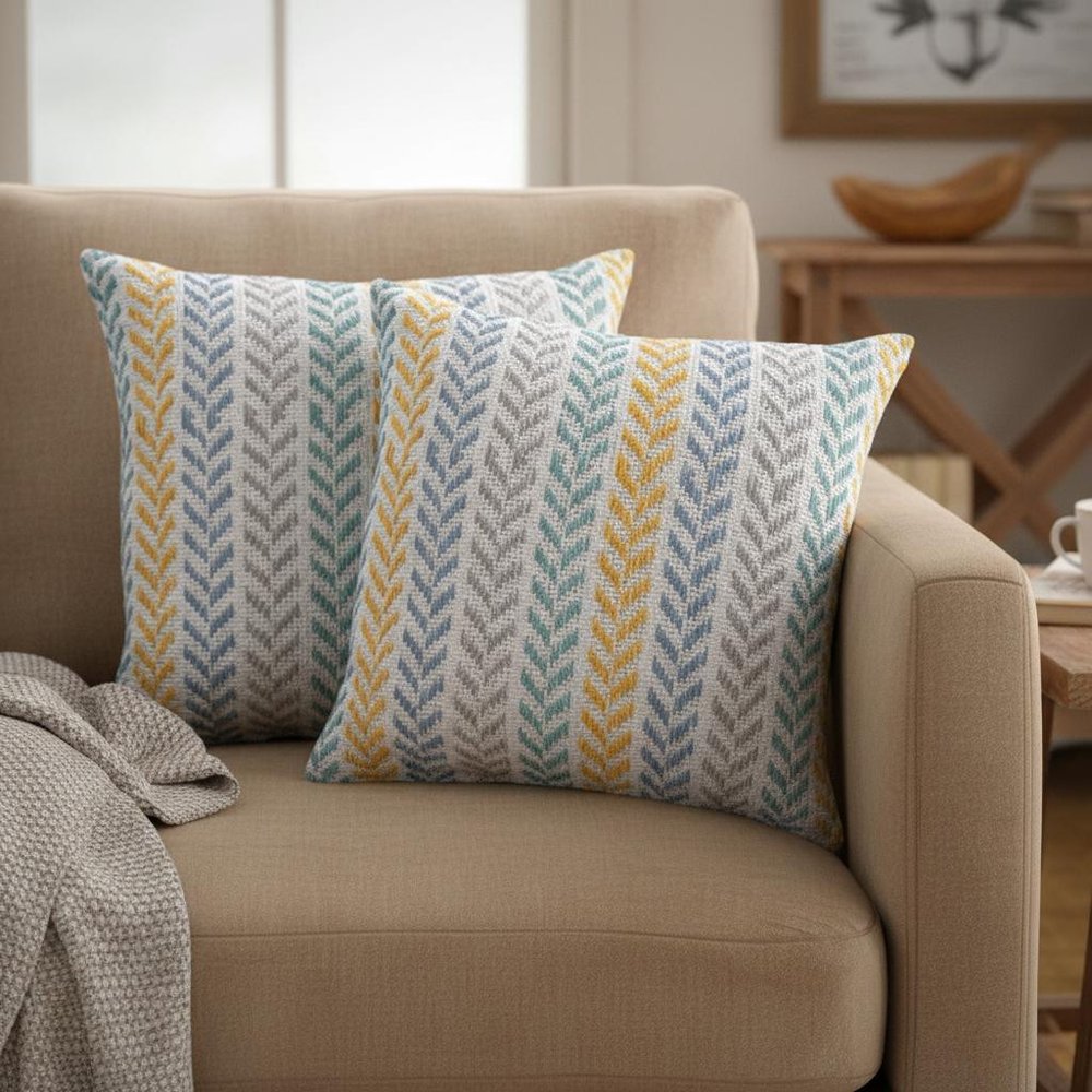 Set of Two Yellow And Blue Chevron Cotton Throw Pillows with Texture
