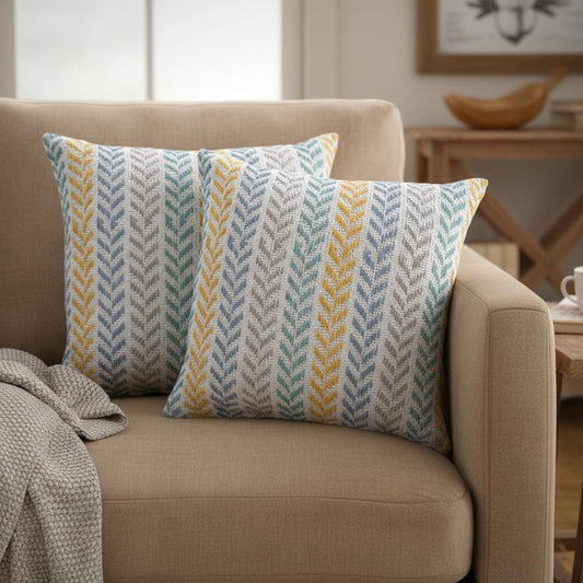 Set of Two Yellow And Blue Chevron Cotton Throw Pillows with Texture