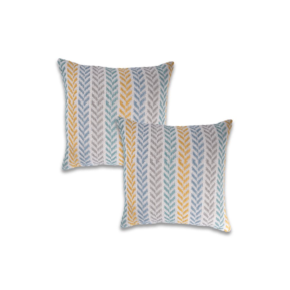 Set of Two Yellow And Blue Chevron Cotton Throw Pillows with Texture