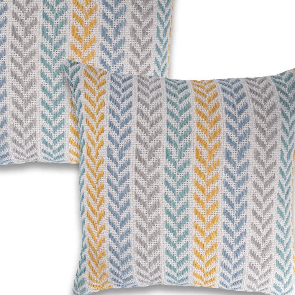 Set of Two Yellow And Blue Chevron Cotton Throw Pillows with Texture