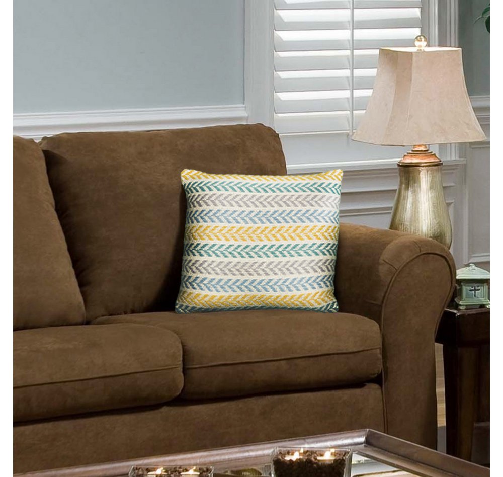 Set of Two Yellow And Blue Chevron Cotton Throw Pillows with Texture