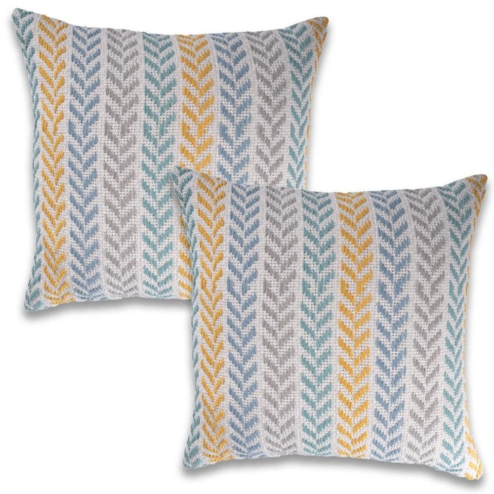 Set of Two Yellow And Blue Chevron Cotton Throw Pillows with Texture