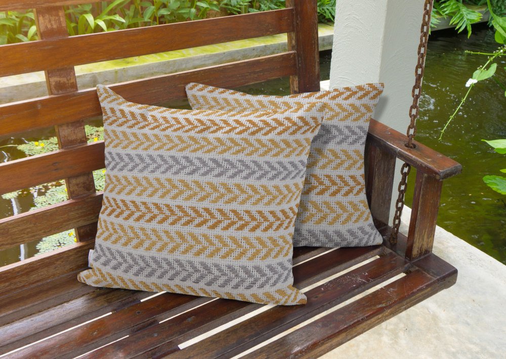 Set of Two Yellow And White Chevron Cotton Throw Pillows with Texture