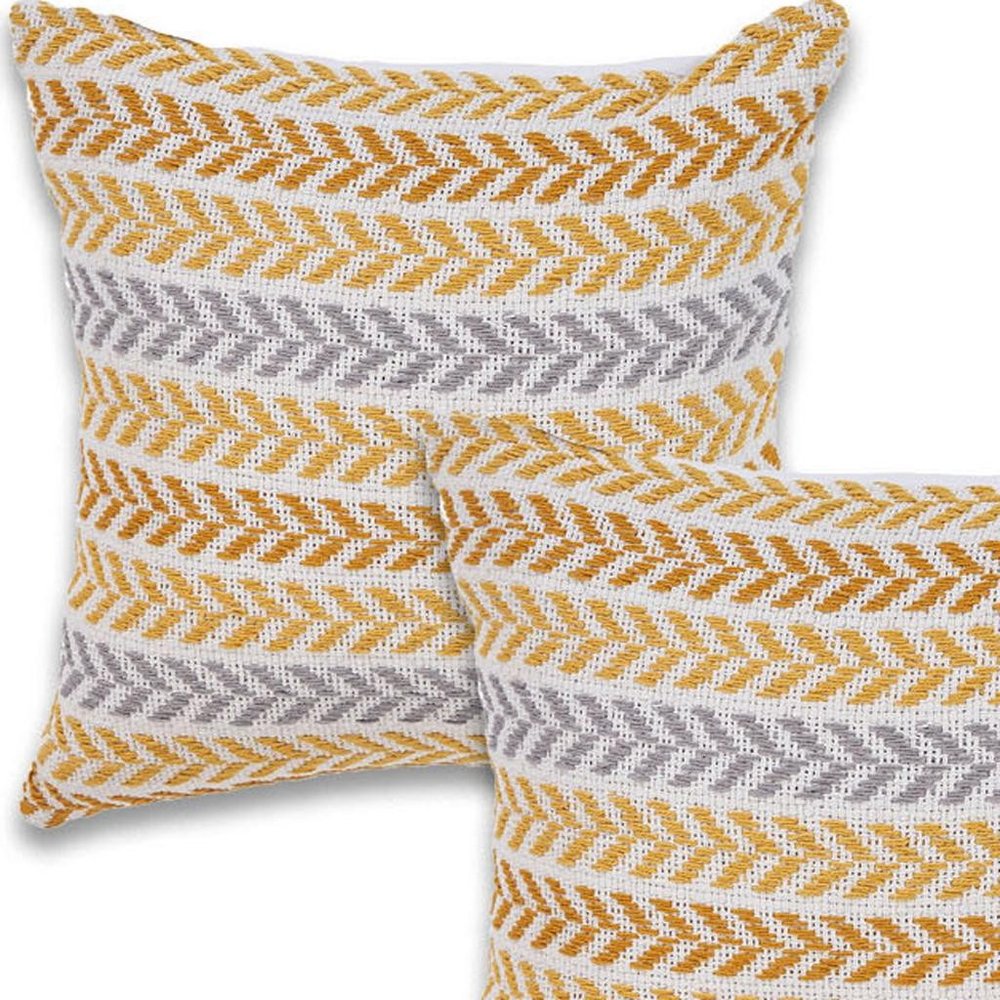 Set of Two Yellow And White Chevron Cotton Throw Pillows with Texture