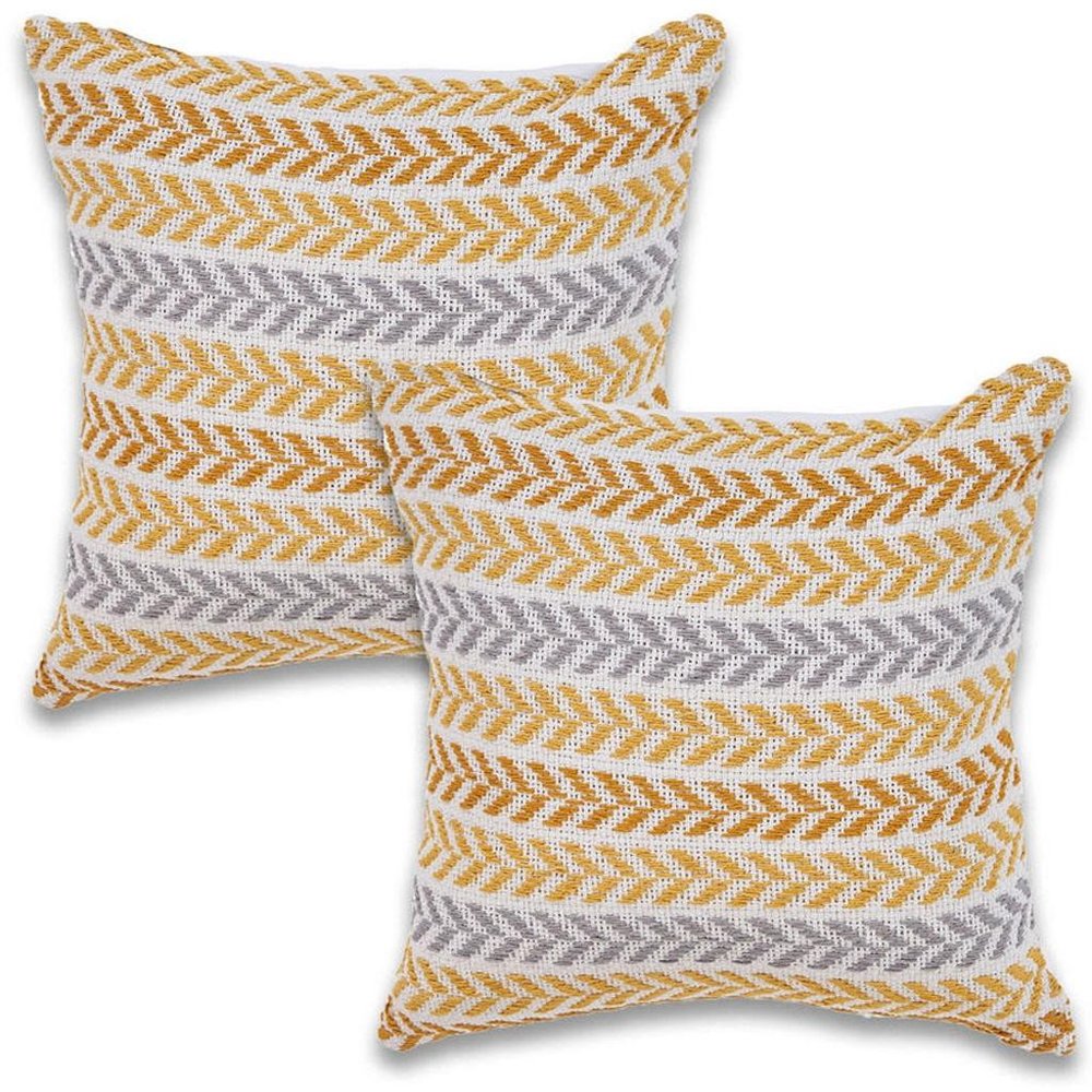 Set of Two Yellow And White Chevron Cotton Throw Pillows with Texture