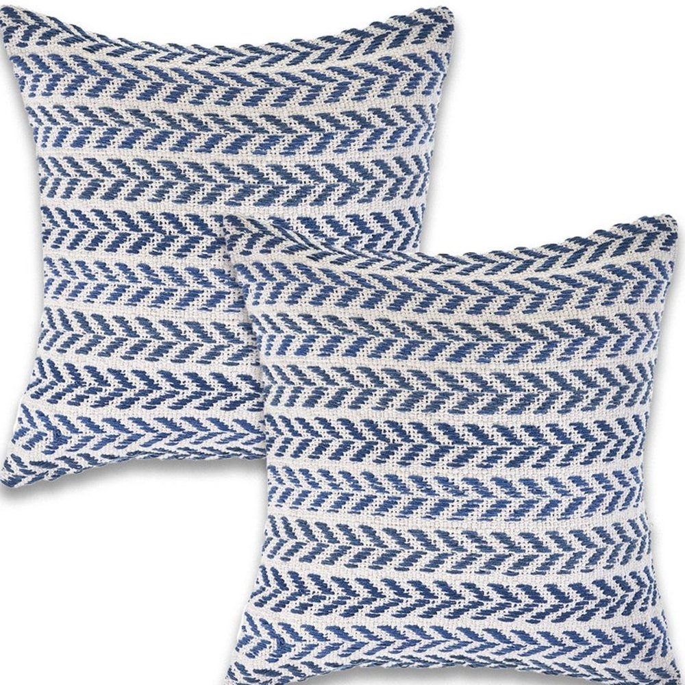 Set of Two Indigo And White Chevron Cotton Throw Pillows with Texture
