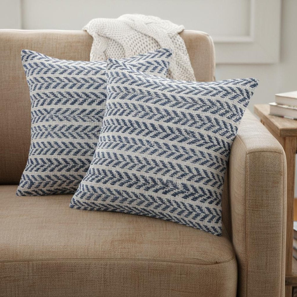 Set of Two Indigo And White Chevron Cotton Throw Pillows with Texture