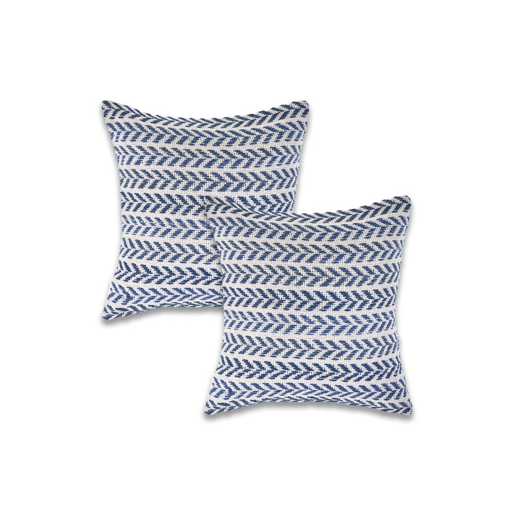 Set of Two Indigo And White Chevron Cotton Throw Pillows with Texture